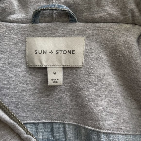 Sun + Stone Light Faded Blue Denim Jean Jacket Mens Acid Wash Trucker Streetwear - Picture 7 of 14
